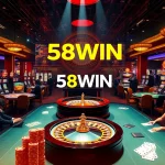 Experience the thrill of winning at 58WIN's casino with vibrant slot machines, poker tables, and a roulette wheel.
