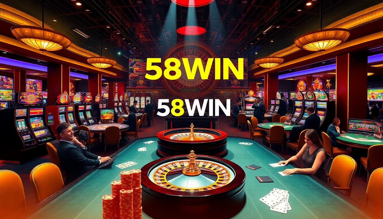 Experience the thrill of winning at 58WIN's casino with vibrant slot machines, poker tables, and a roulette wheel.