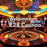 Players celebrating a winning moment at the E28 casino with poker chips and roulette table.