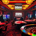 Players enjoying casino games and promotions related to 88AA, featuring colorful slot machines and vibrant poker tables.