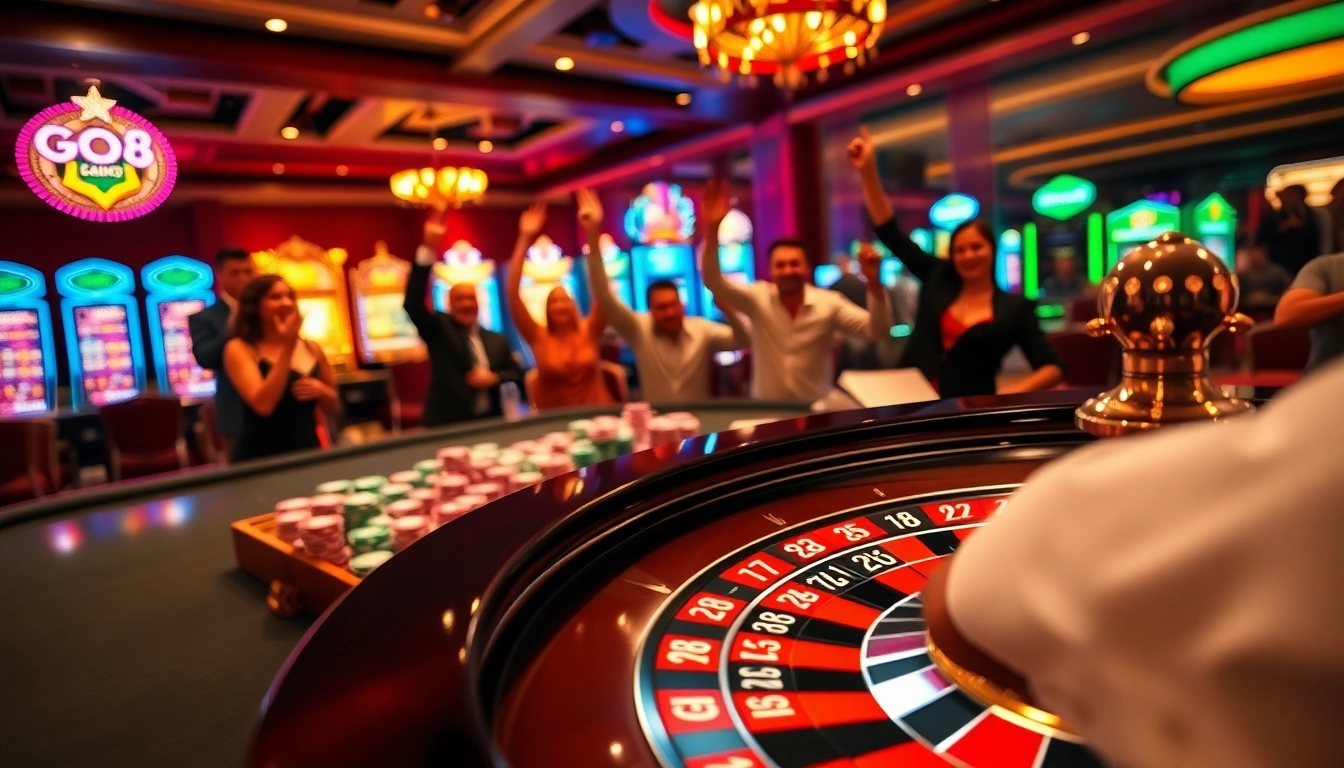 GO8 casino scene highlighting roulette, chips, and joyful players in a vibrant setting.