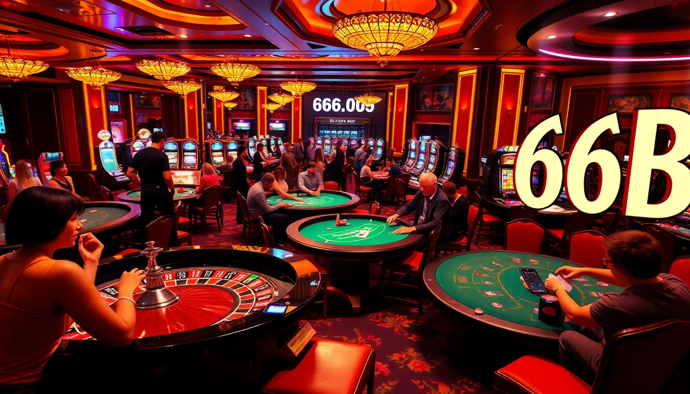 Players engaging in thrilling casino activities at tables and slots, highlighting the excitement of betting at 66B.