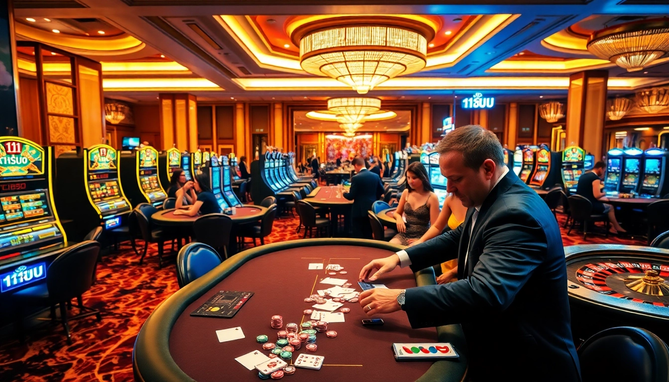 Experience the thrill of 11UU as players engage at high-stakes casino tables surrounded by vibrant gaming action and colorful betting chips.