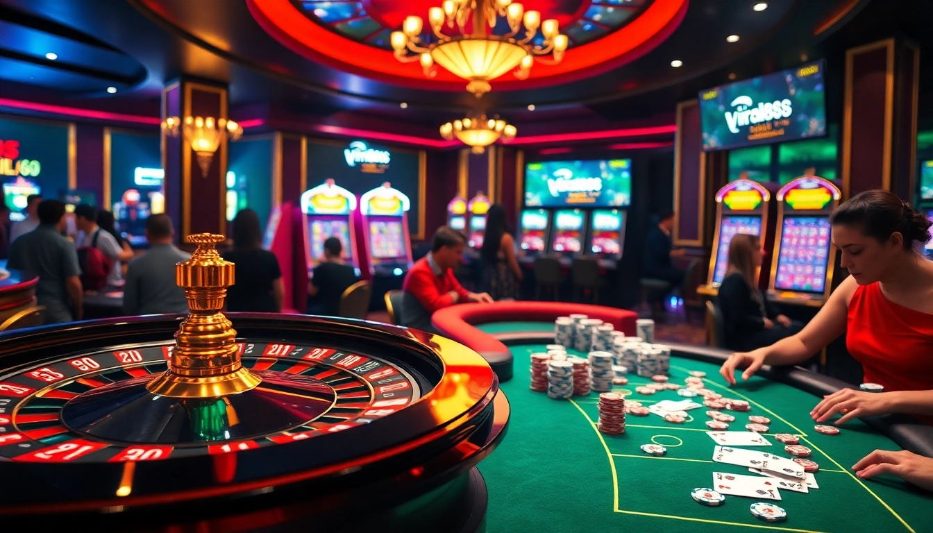 Engage with the exciting world of gambling at a casino featuring viral88, roulette spinning, and players in action.