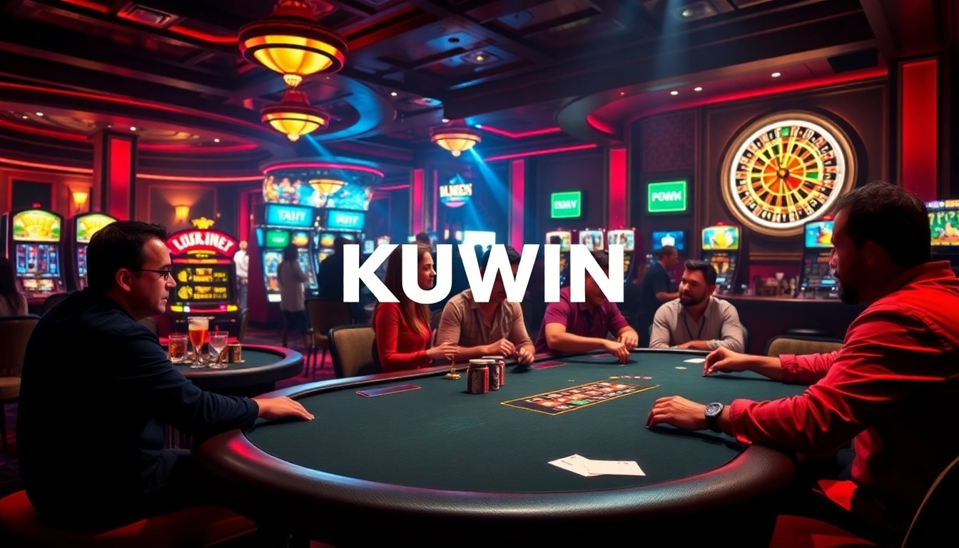Players at a KUWIN casino poker table engage in high-stakes betting, showcasing their strategy and excitement.