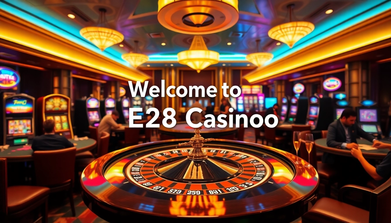 Players celebrating a winning moment at the E28 casino with poker chips and roulette table.