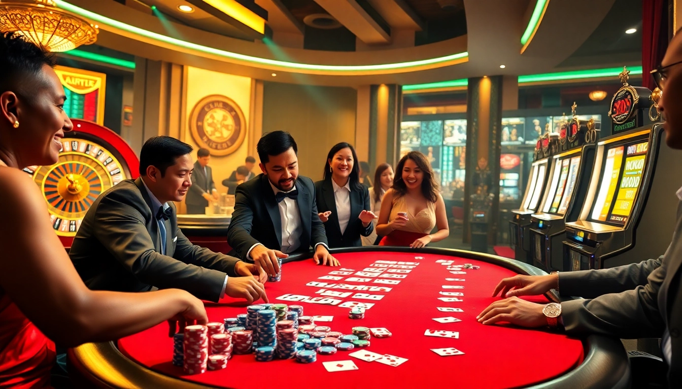 NOHU Casino features a vibrant poker table with colorful chips and glowing slot machines, enhancing the excitement of gambling.