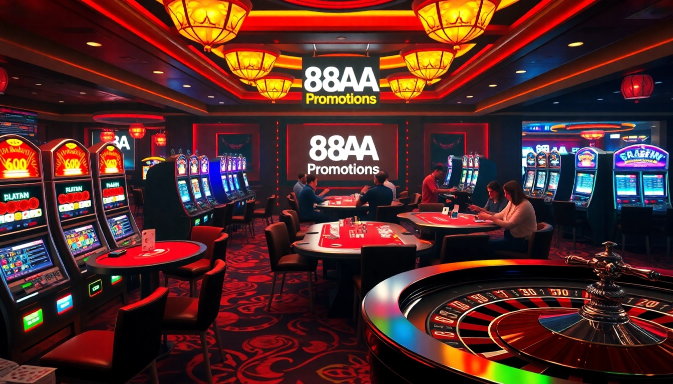 Players enjoying casino games and promotions related to 88AA, featuring colorful slot machines and vibrant poker tables.