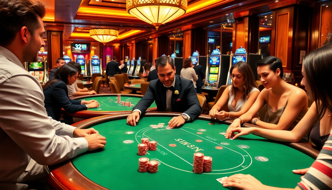 Experience the excitement of 32WIN at the poker table, where players engage in thrilling Texas Hold'em action amidst a lively casino atmosphere.