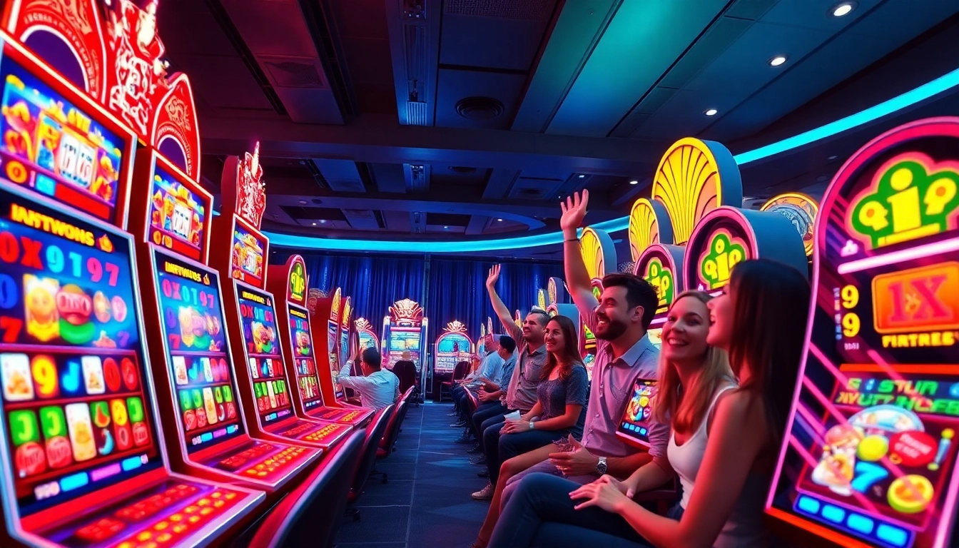 Exciting scene of slot hoki gaming with vibrant reels, players, and neon lights.