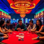Experience the thrill of ALO8 as players celebrate their wins at a vibrant casino poker table.