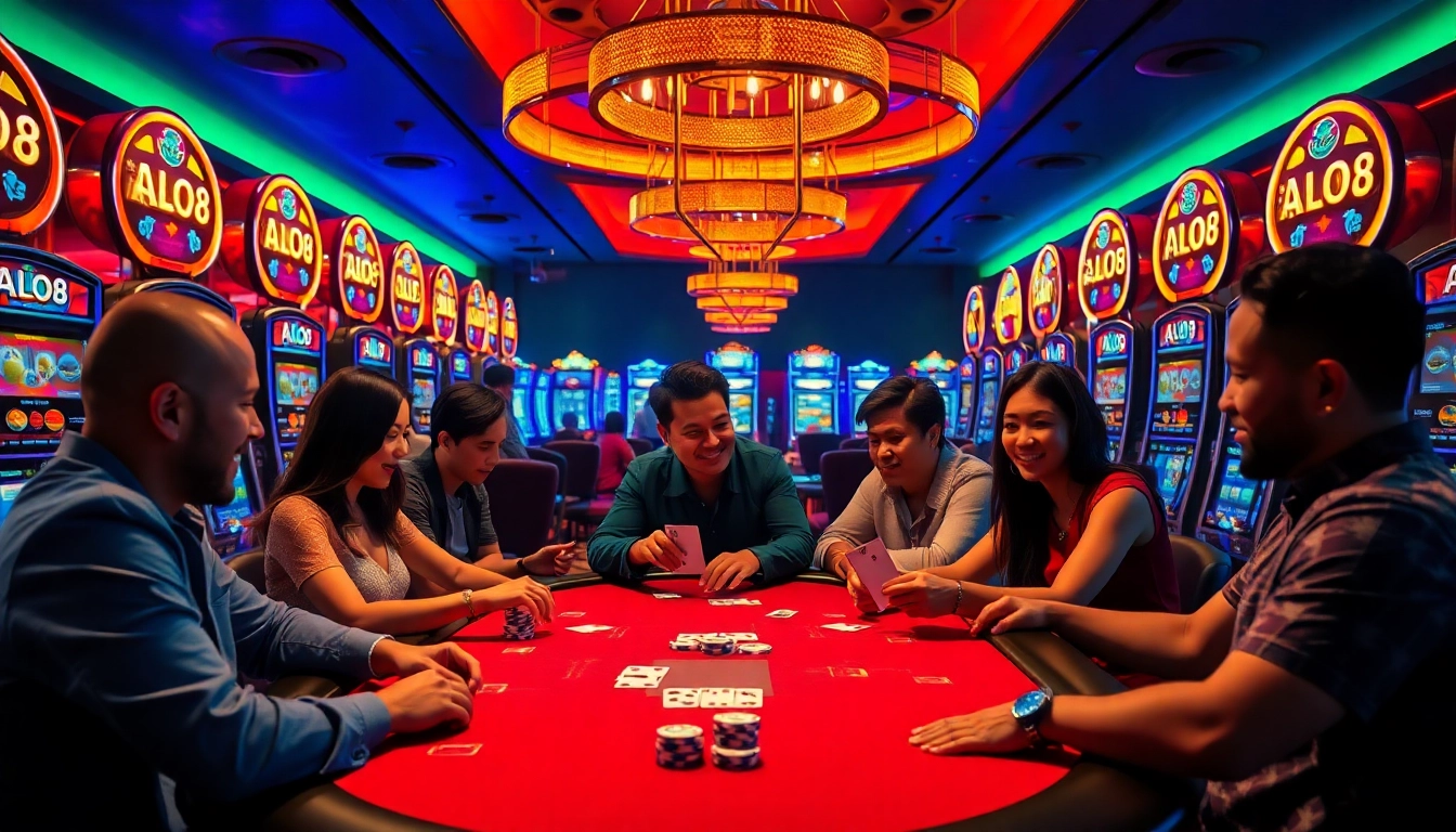 Experience the thrill of ALO8 as players celebrate their wins at a vibrant casino poker table.