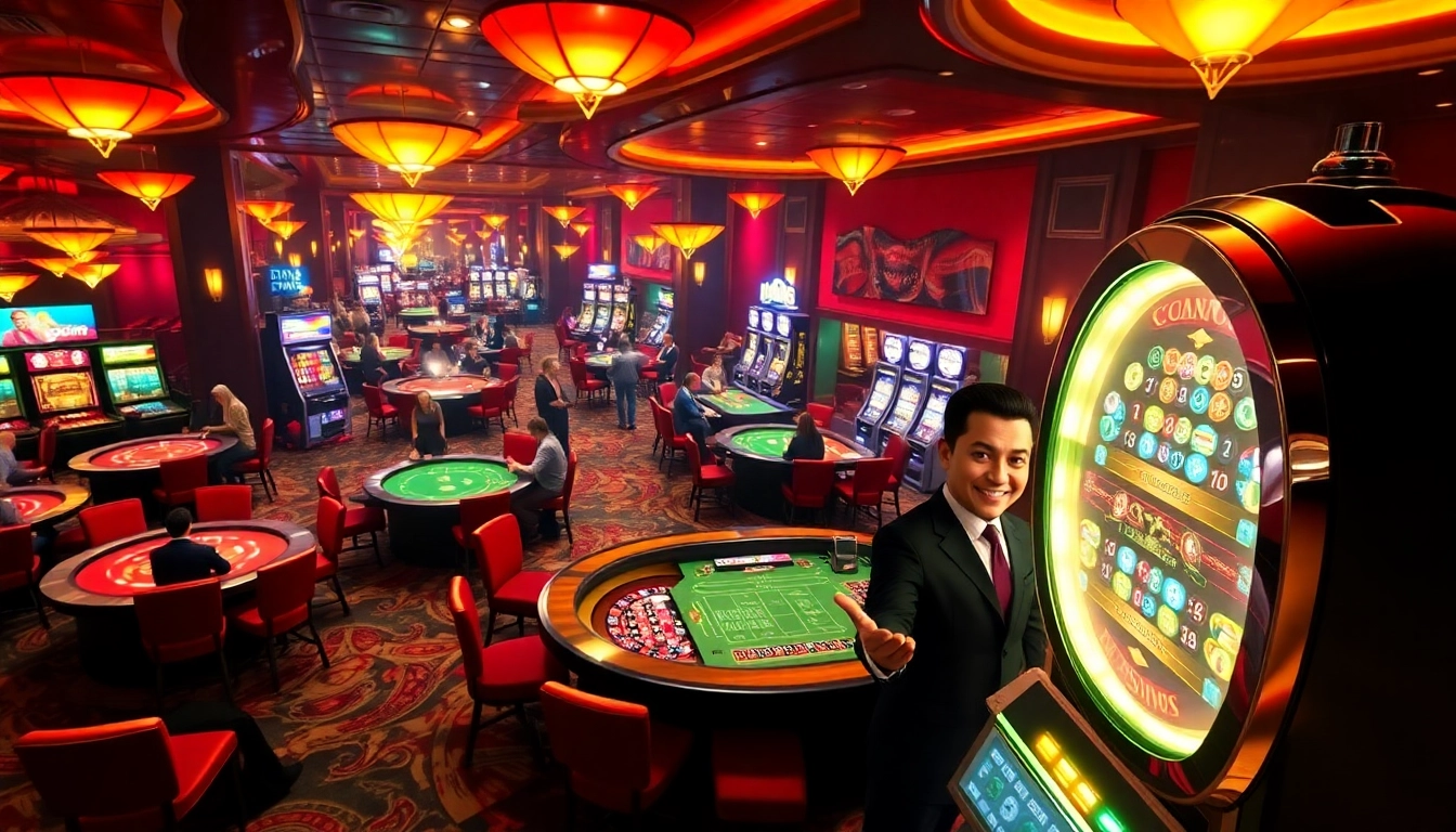 Players enjoying their bets at Nohu90’s vibrant casino floor with roulette and blackjack tables.