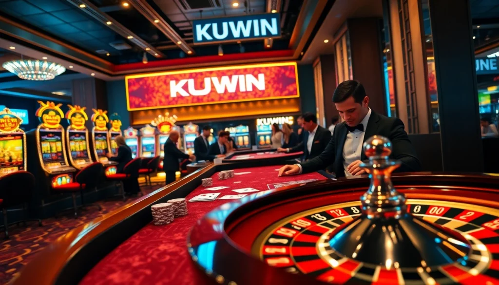 KUWIN casino scene with engaging baccarat table, poker chips, and slot machines at night.