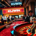 KUWIN casino scene with engaging baccarat table, poker chips, and slot machines at night.