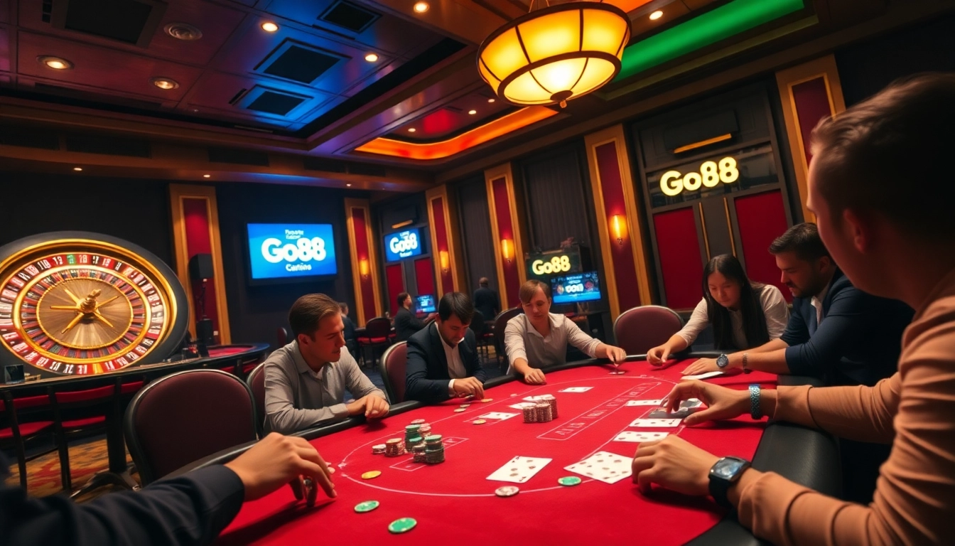Go88 thrives in a high-stakes poker game with vibrant chips and focused players.